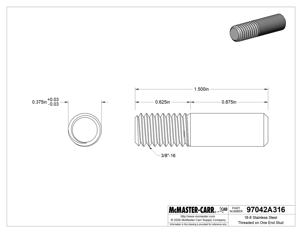 Technical Drawing of 18-8 Stainless Steel Threaded on One End Stud, 3/8"-16 Thread, 1-1/2" Long.